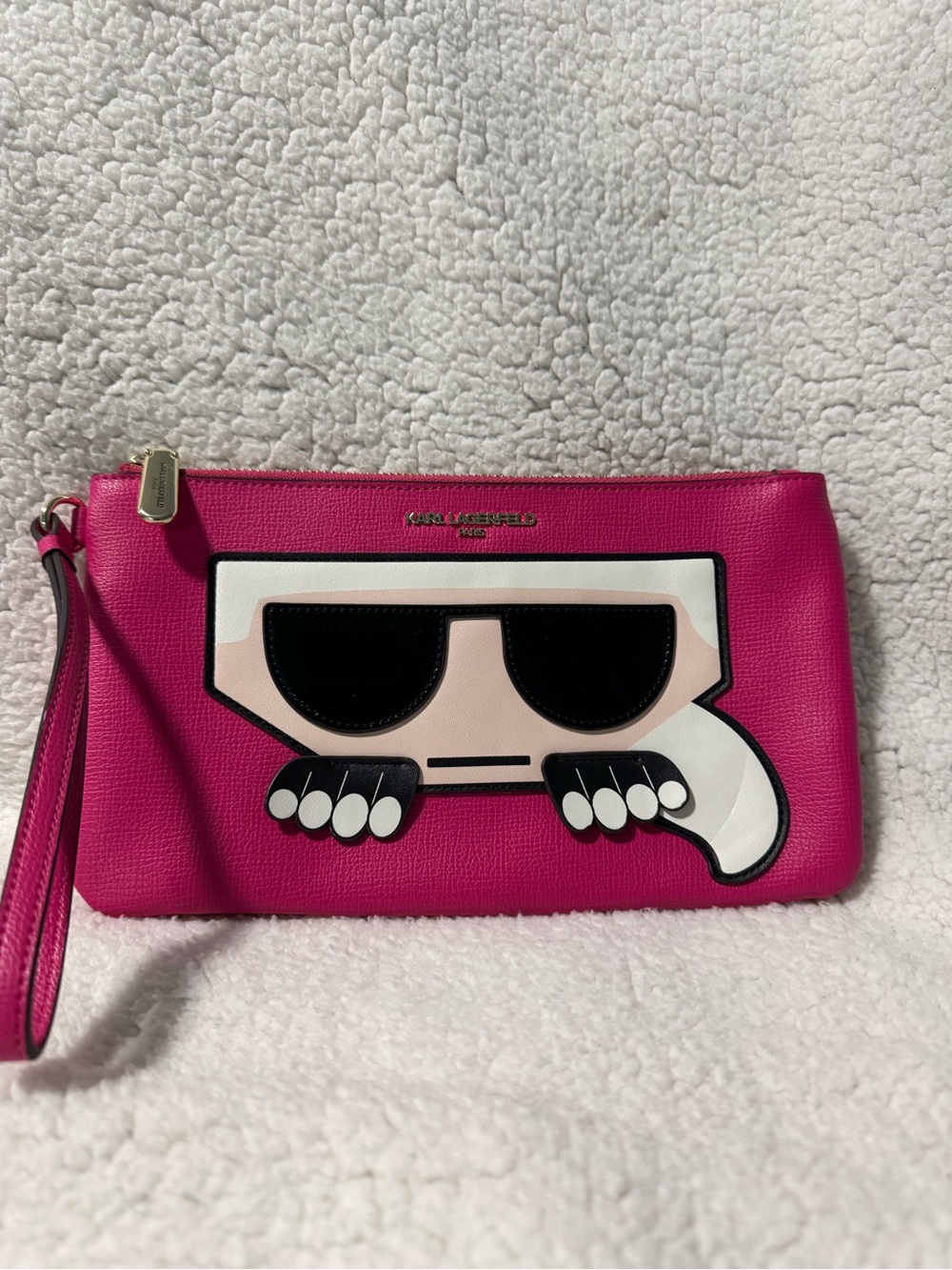 Karl Lagerfeld Hot Pink Wristlet Clutch with Karl Cartoon Appliqué